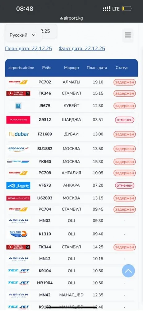 Аэропорт "Манас" вновь приостановил прием рейсов